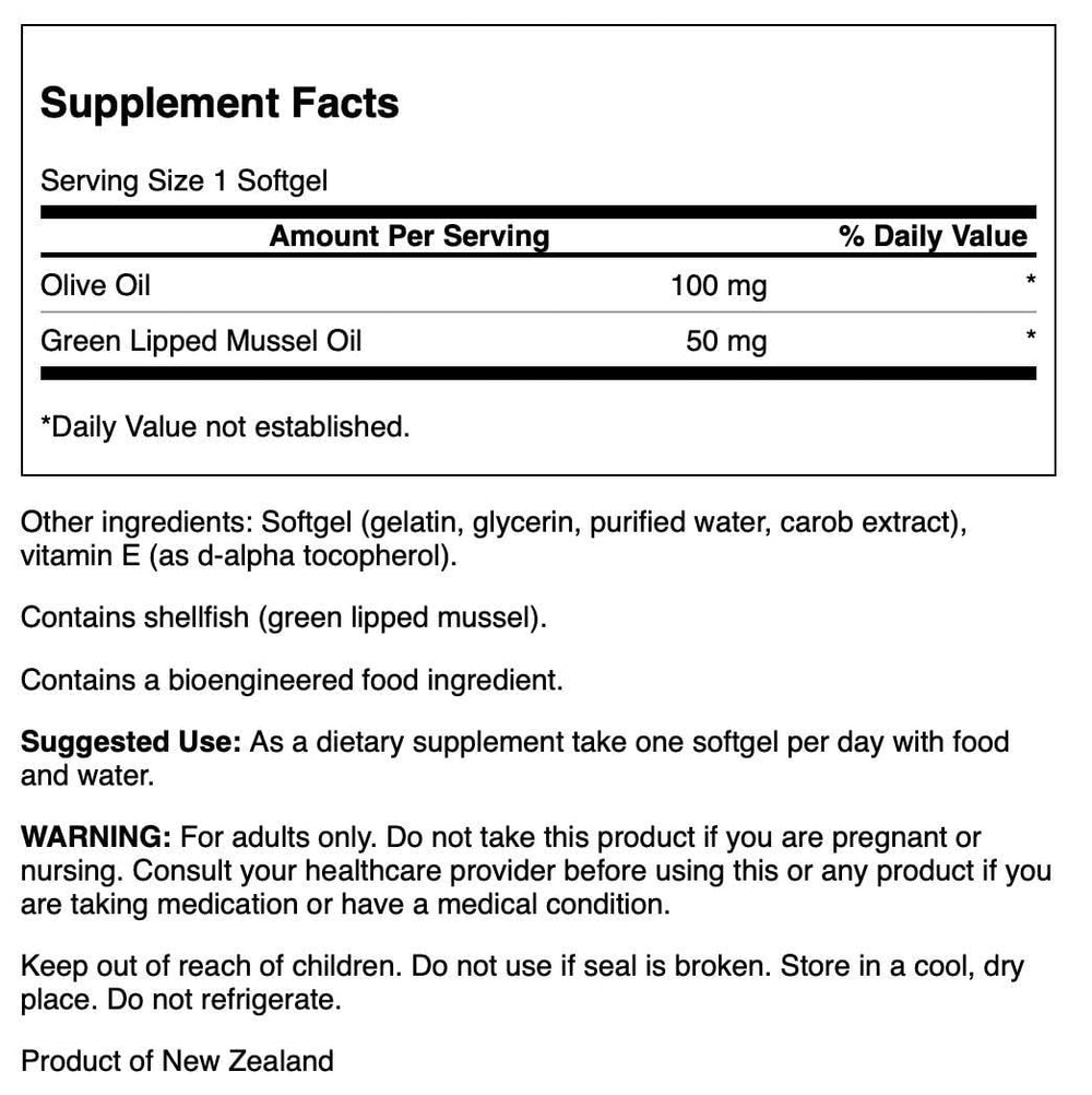 Swanson New Zealand Green Lipped Mussel Oil softgels — convenient daily capsules for ongoing joint support.