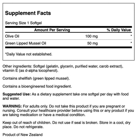 Swanson New Zealand Green Lipped Mussel Oil softgels — convenient daily capsules for ongoing joint support.