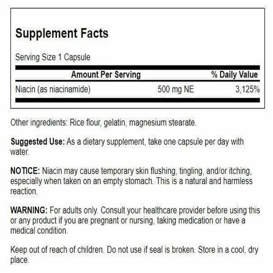 Swanson Niacinamide 500 mg capsules on a clean, professional label.
