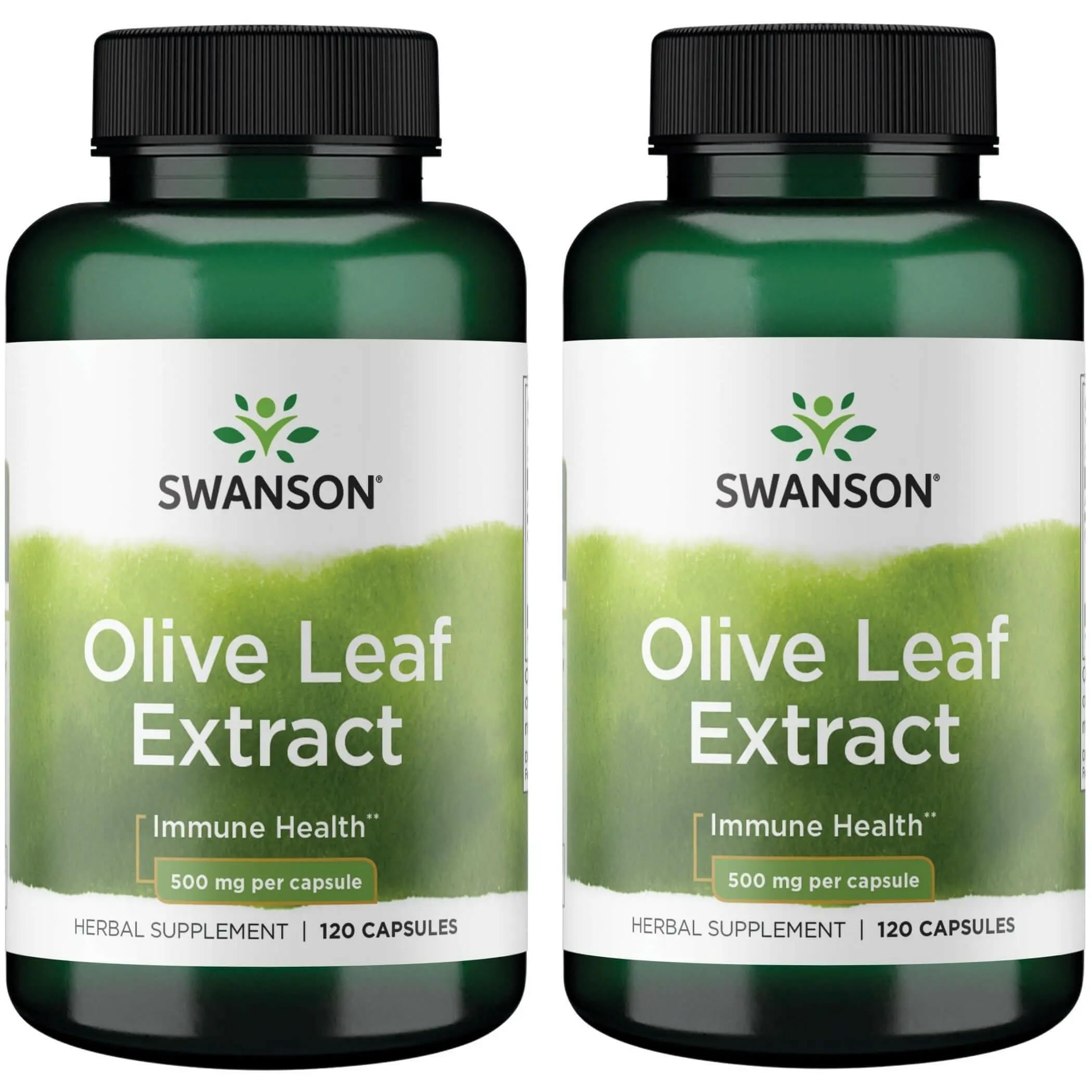 Swanson Olive Leaf Extract bottle front with capsules for natural immune support.