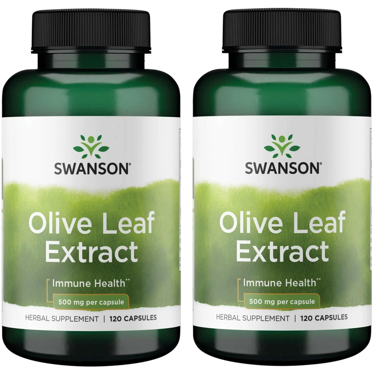 Swanson Olive Leaf Extract bottle front with capsules for natural immune support.
