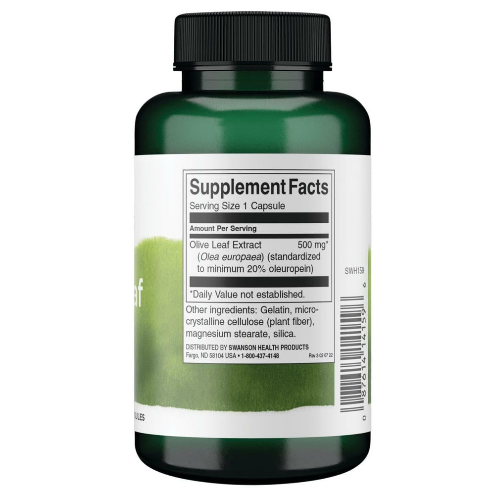 Close-up of Swanson Olive Leaf Extract capsules, 500 mg each for convenient daily wellness.