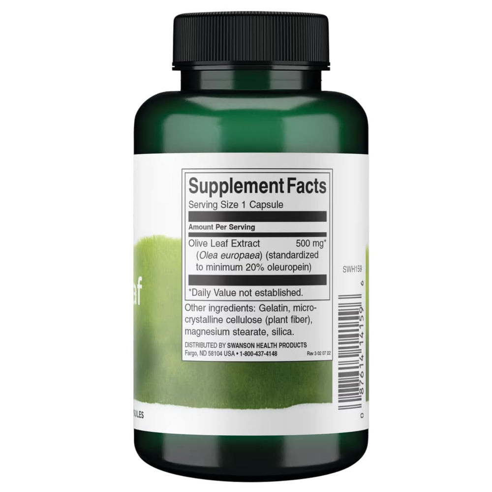 Swanson Olive Leaf Extract label close-up showing 20% oleuropein for potency.