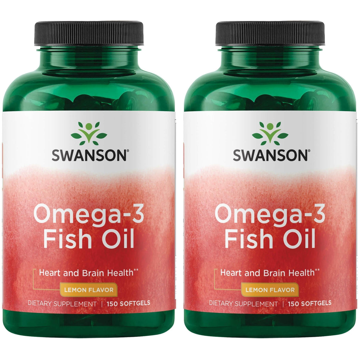 Swanson Omega-3 fish oil bottle pouring with lemon flavor for heart and brain support