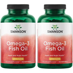 Swanson Omega-3 fish oil bottle pouring with lemon flavor for heart and brain support