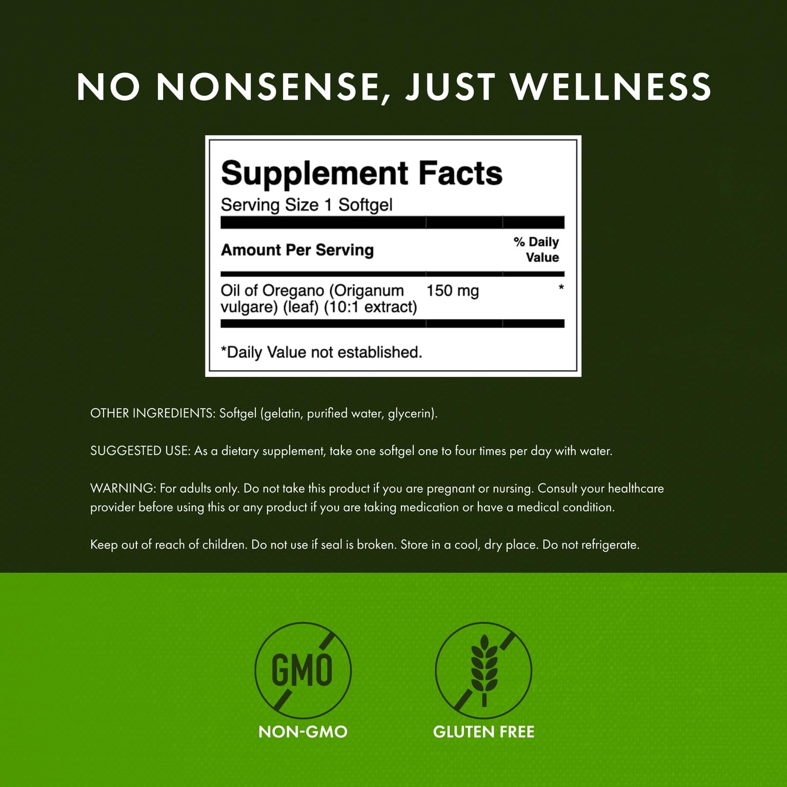Swanson Oregano Oil front label showing quality and potency