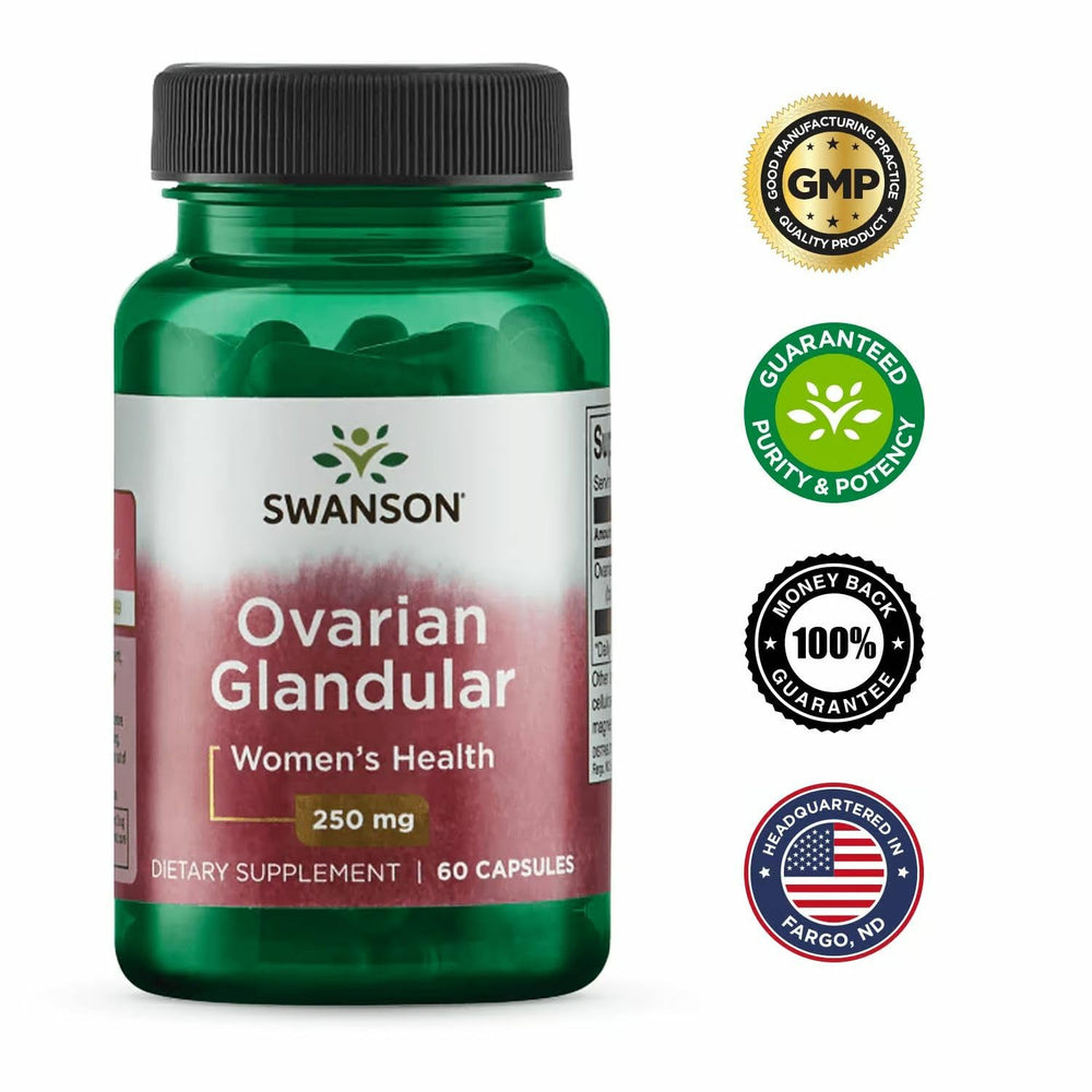Daily-use scene with Swanson Ovarian Glandular capsules as part of routine.