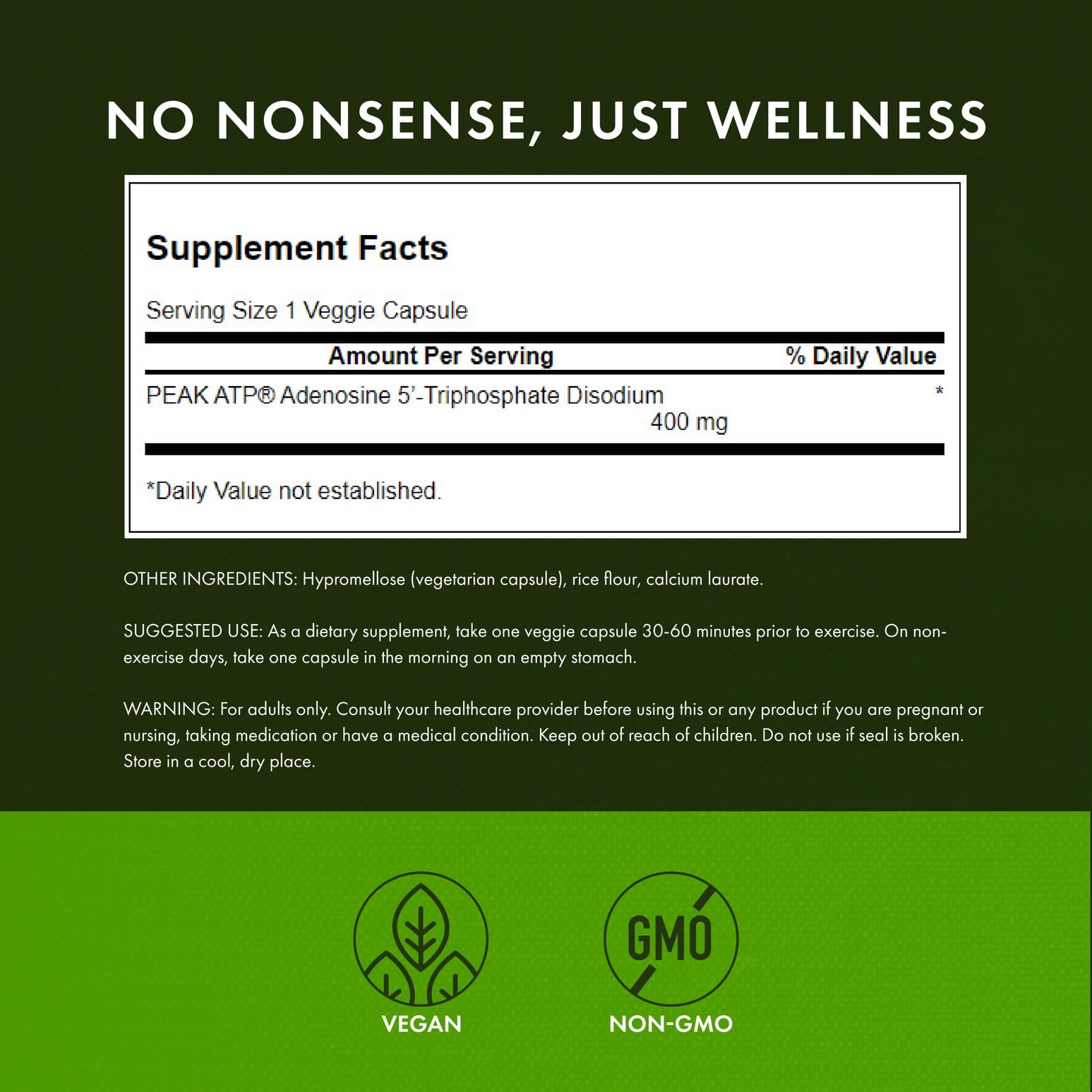 Swanson Peak ATP label close-up with 400 mg per serving and non-GMO badge