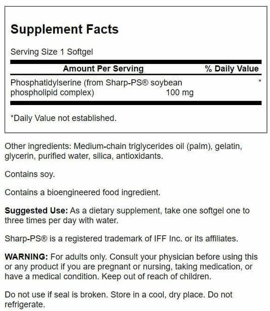 Swanson phosphatidylserine bottle side shows dosage guidance for daily use in cognitive support.