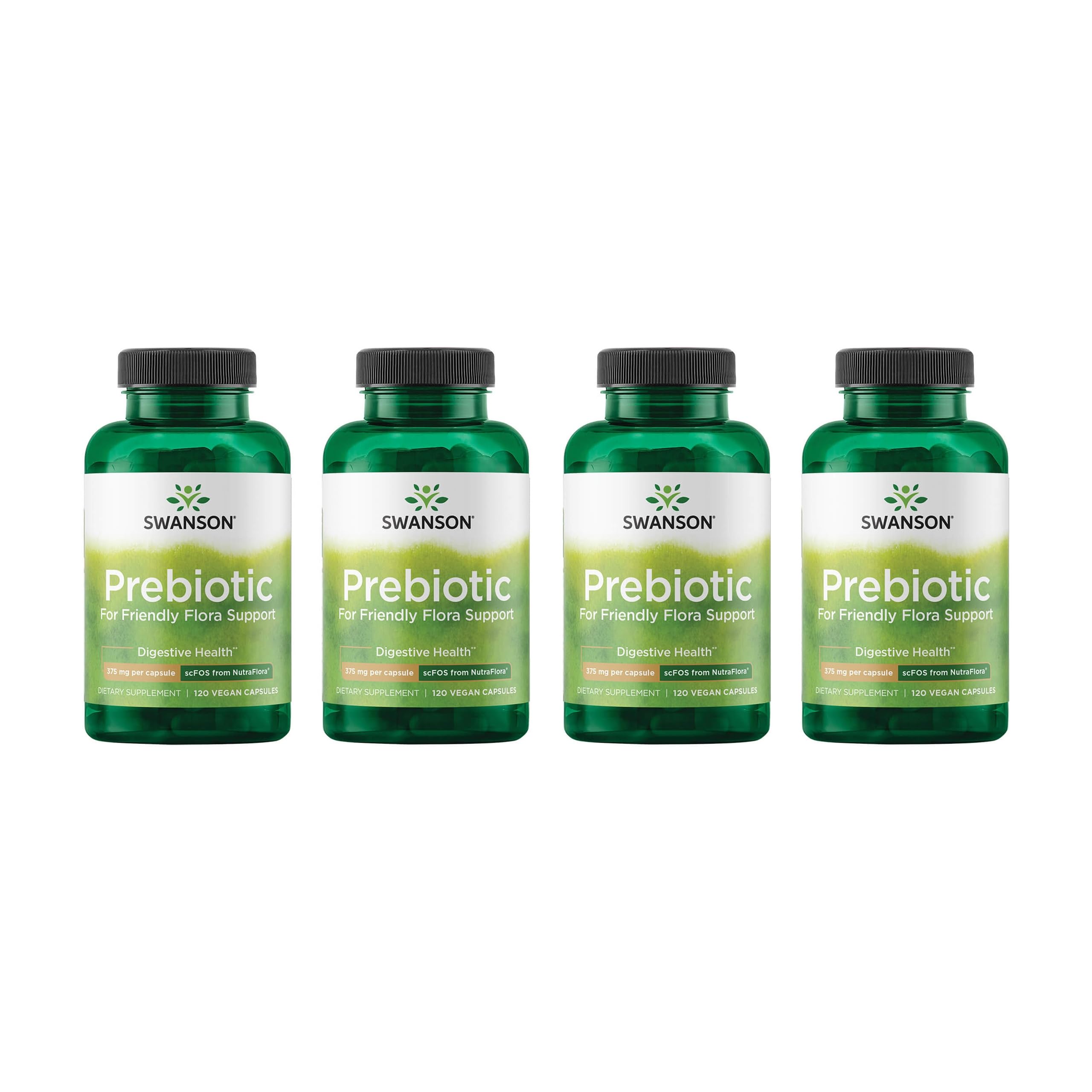 Swanson prebiotic bottle front view highlighting NutraFlora fiber for gut balance