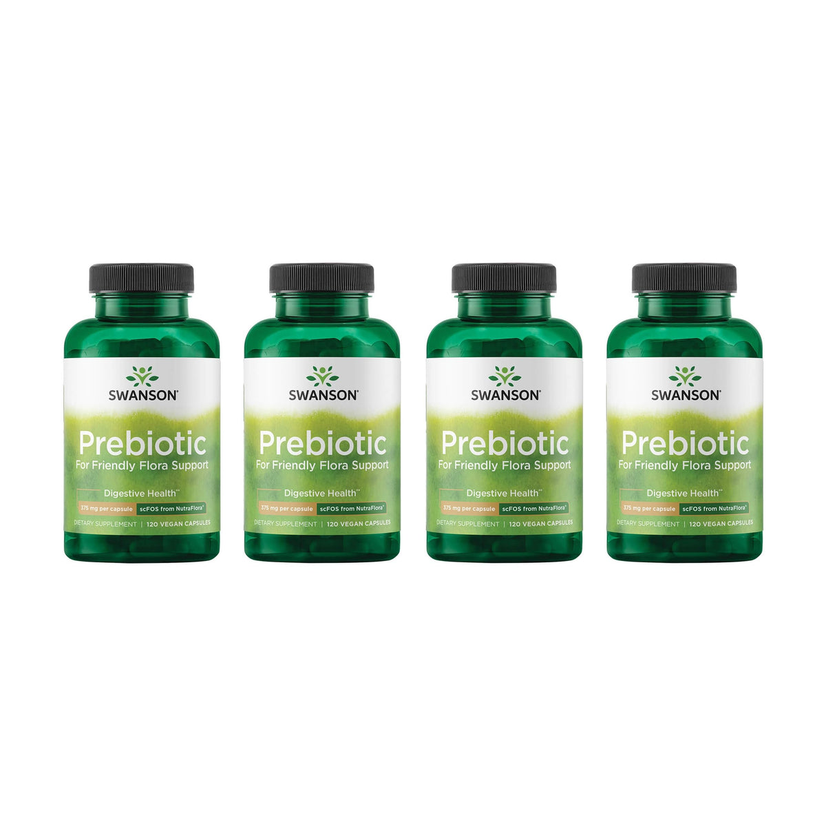Swanson prebiotic bottle front view highlighting NutraFlora fiber for gut balance