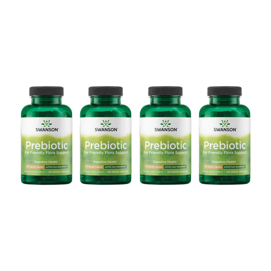 Swanson prebiotic bottle front view highlighting NutraFlora fiber for gut balance