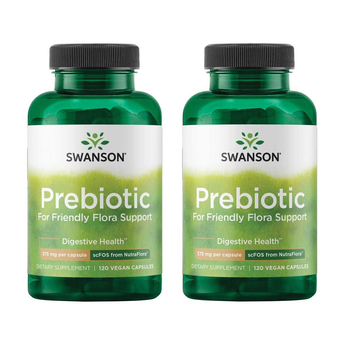 Swanson Prebiotic friendly flora bottle shows daily capsules for gut balance