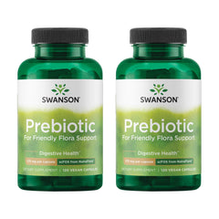 Swanson Prebiotic friendly flora bottle shows daily capsules for gut balance