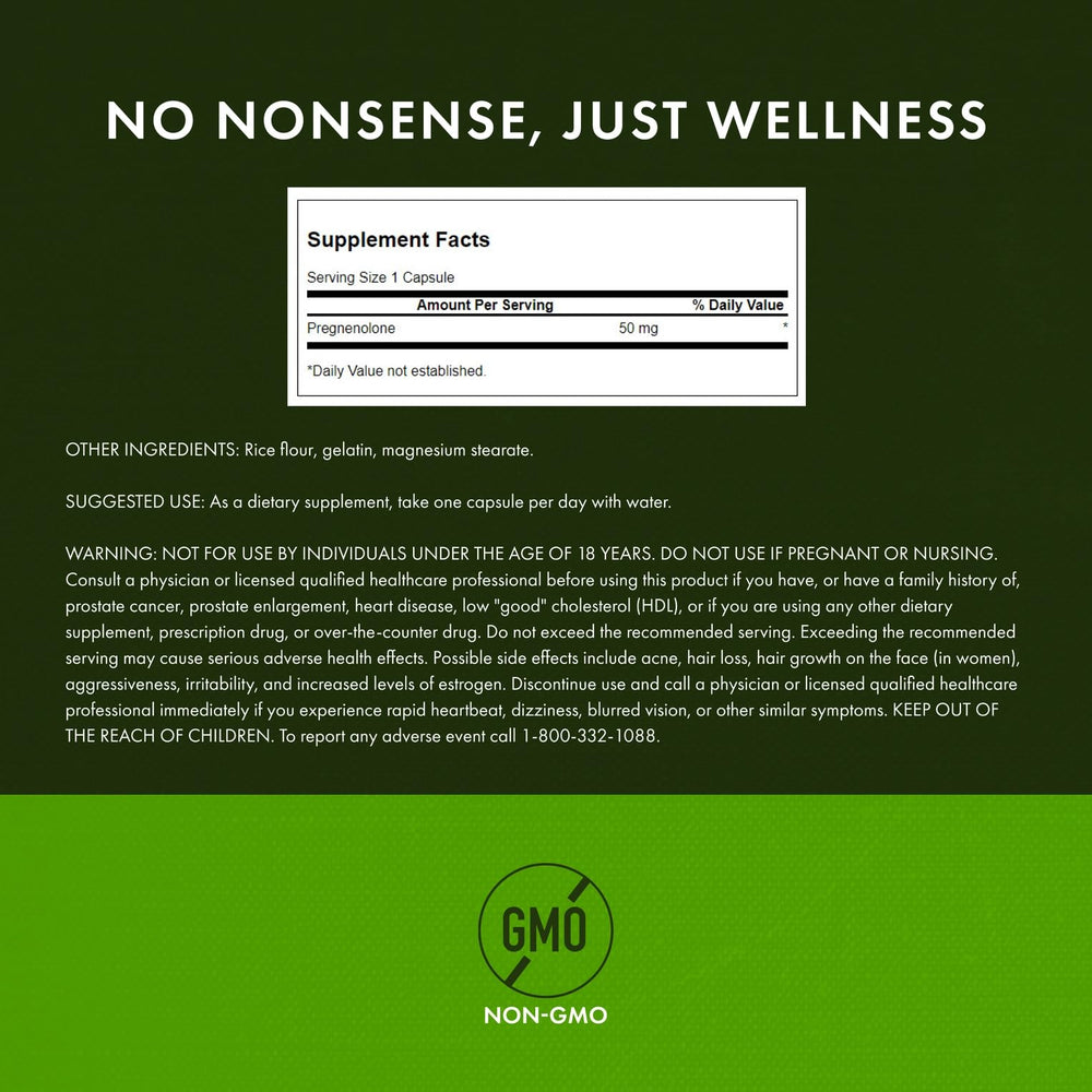 Swanson Pregnenolone 50 mg capsules shown for quick daily supplementation.