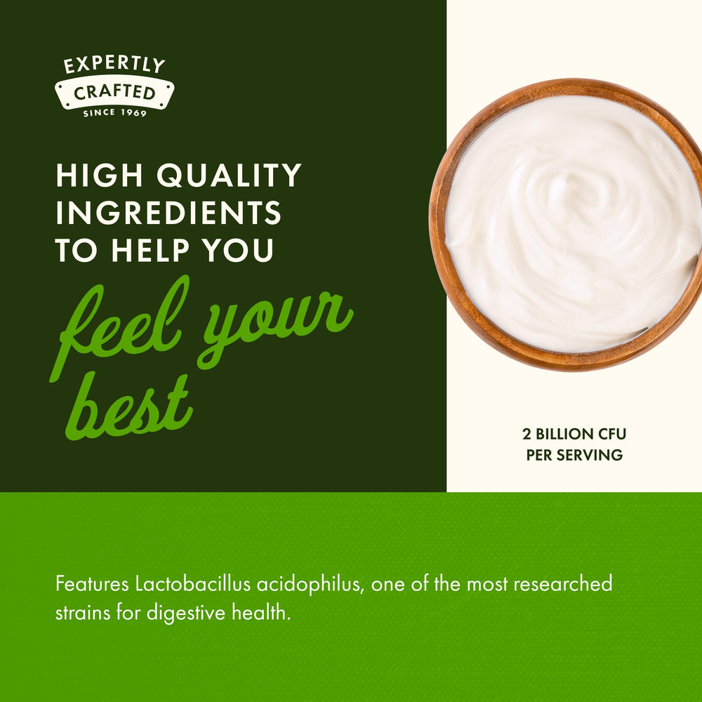 Swanson Probiotic bottle pour illustrating easy daily intake.
