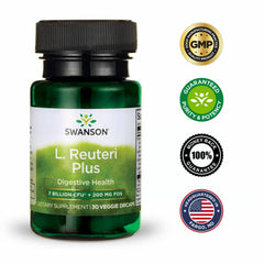 Branding and packaging of Swanson probiotic plus on a shelf.