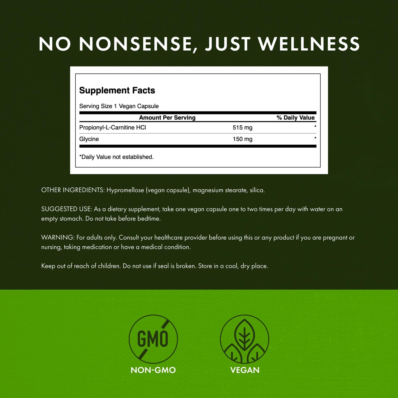 Swanson Propionyl L-Carnitine Glycine ingredients label shows quality and transparency.