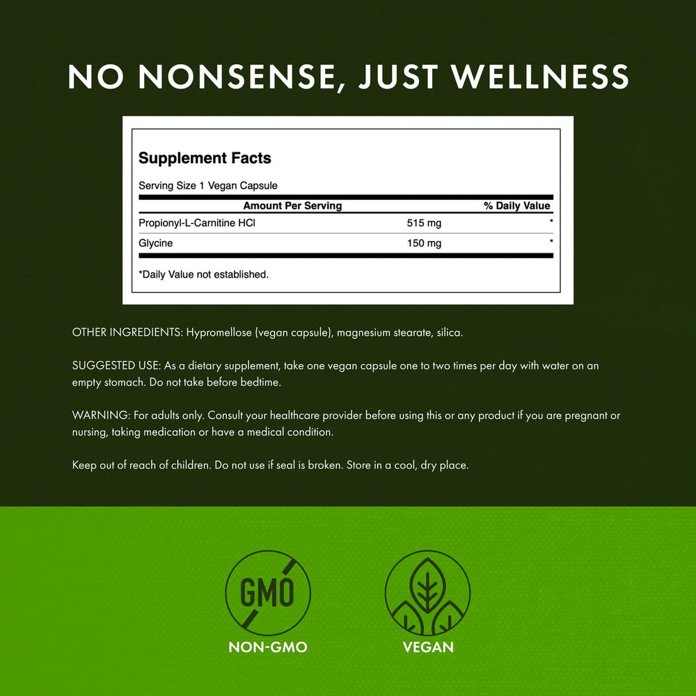 Swanson Propionyl L-Carnitine Glycine ingredients label shows quality and transparency.