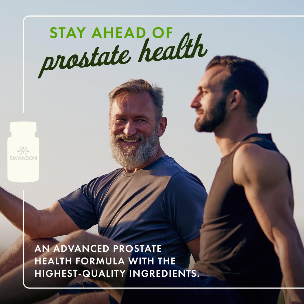 Swanson Prostate Essentials Plus ingredients label highlights zinc and saw palmetto for urinary comfort.
