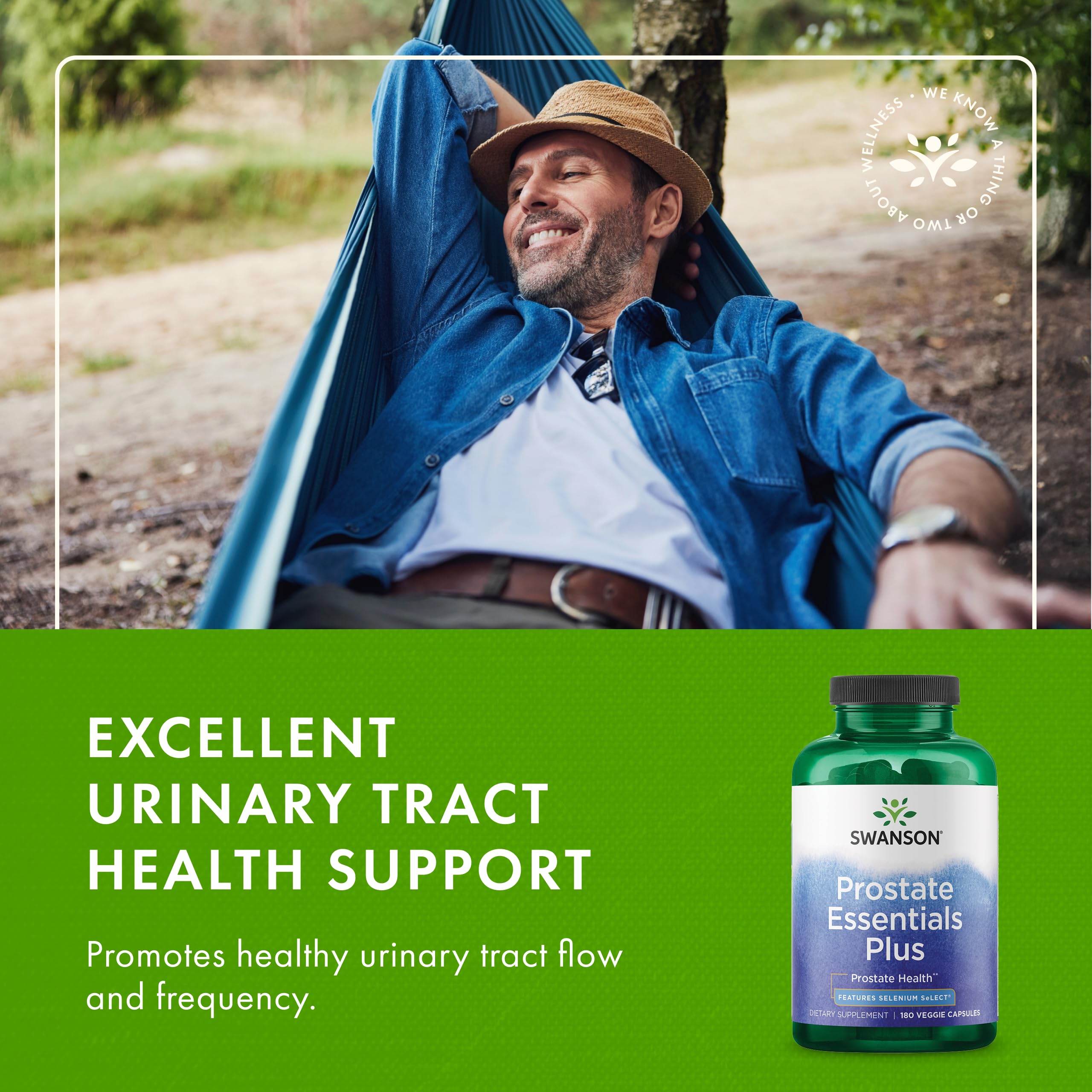 Lifestyle image with Swanson Prostate Essentials Plus bottle suggesting routine daily supplementation.