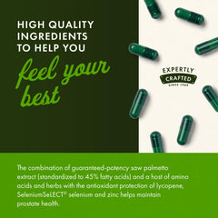 Saw palmetto extract and zinc support balanced wellness in Swanson Prostate Essentials Plus.