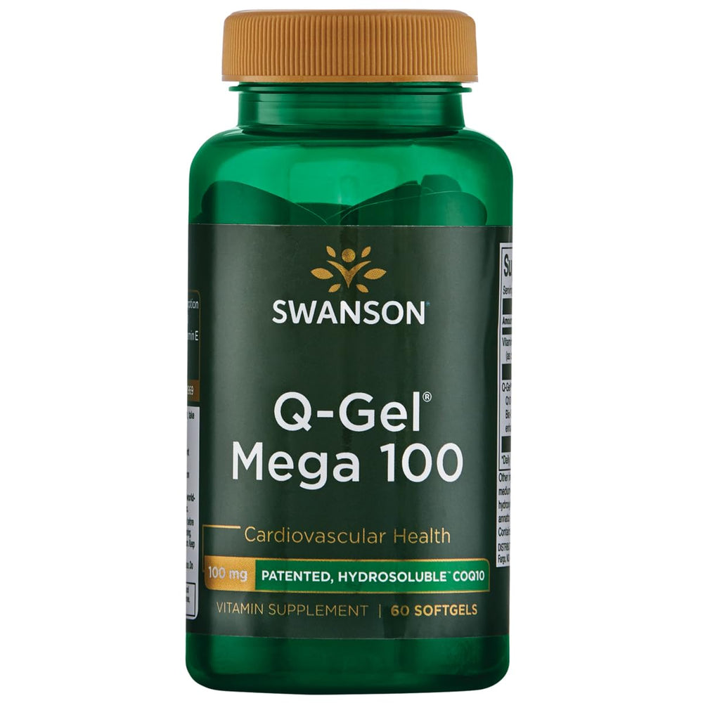 Swanson Q-Gel Mega 100 bottle with label for easy daily supplementation.