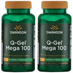 Swanson Q-Gel Mega 100 softgels bottle highlighting advanced absorption for energy support