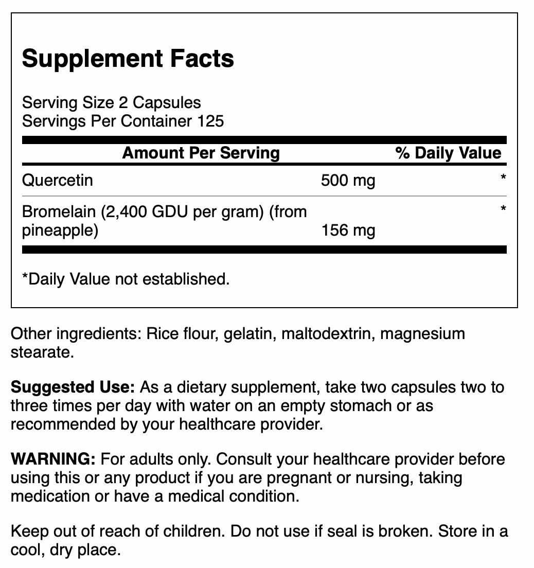 Close-up of Swanson Quercetin & Bromelain capsules showing compact size for easy swallowing