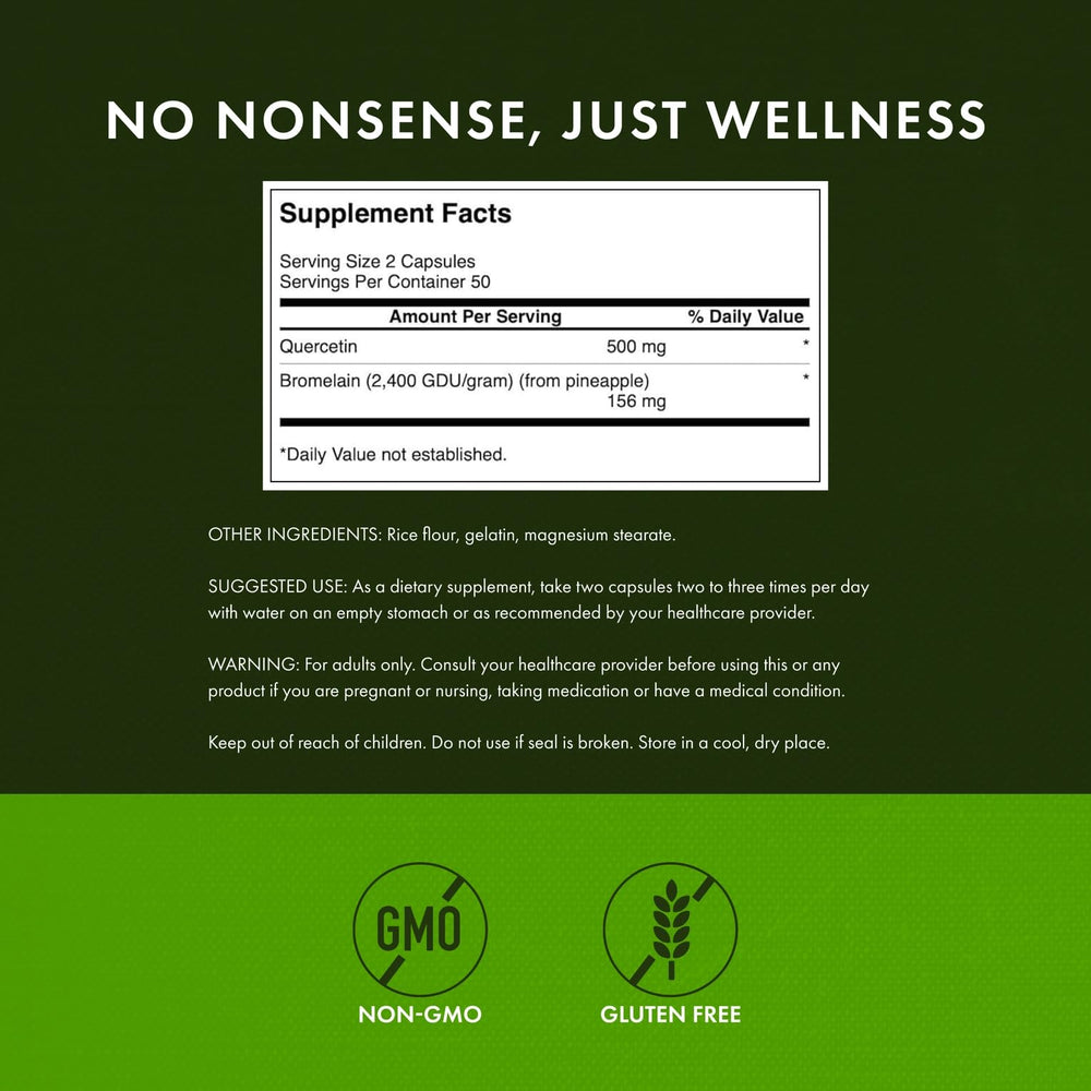 Quercetin & Bromelain capsules on table for daily immune support.