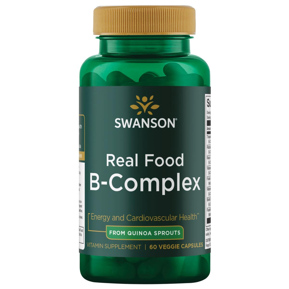 Swanson Real Food B-Complex bottle front showing vegan capsules for everyday energy support.
