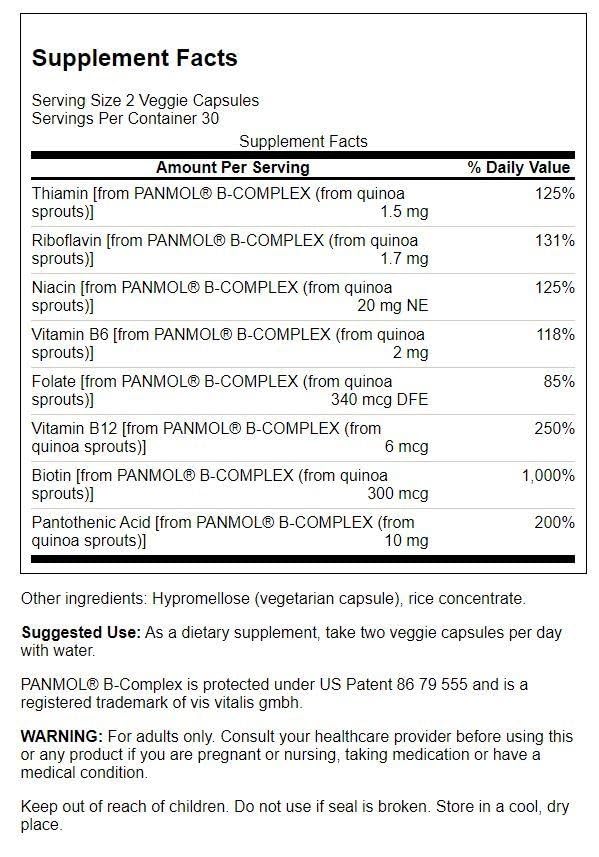 Swanson Real Food B-Complex label close-up highlighting transparent, no-blend formula for clean nutrition.
