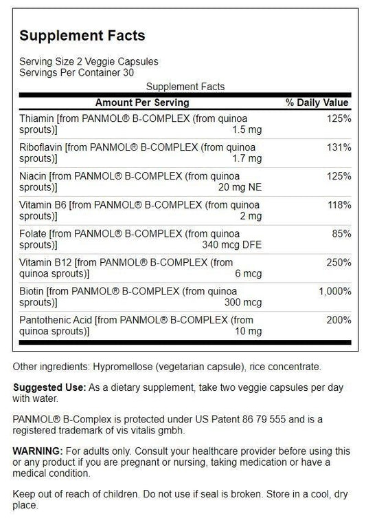 Swanson Real Food B-Complex label close-up highlighting transparent, no-blend formula for clean nutrition.