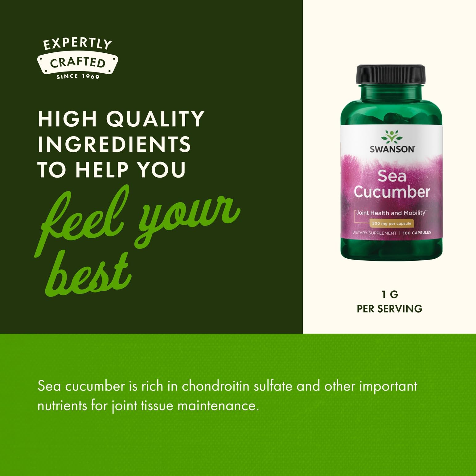 Swanson Sea Cucumber nutrition facts highlighting 500 mg per capsule
