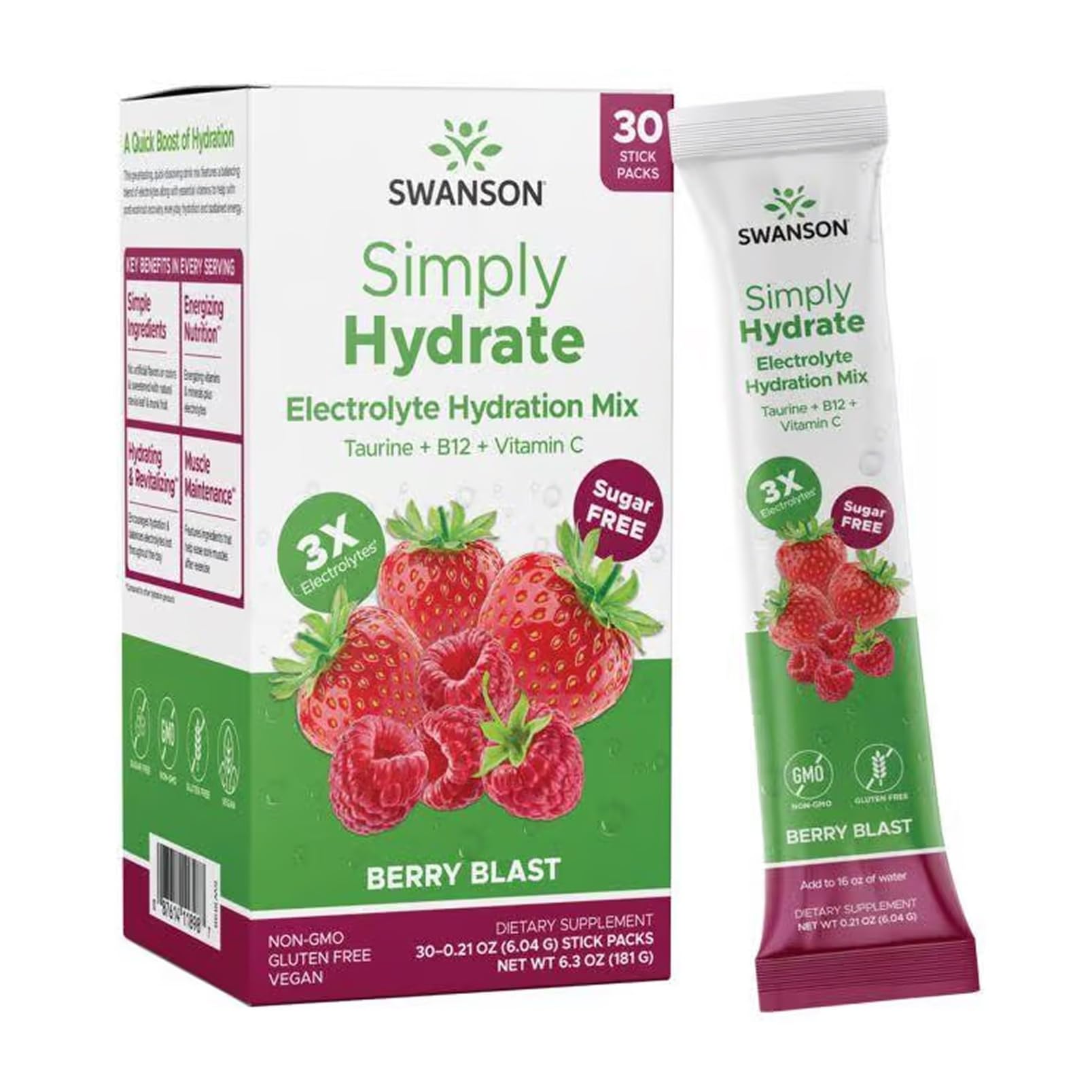 Swanson Simply Hydrate Berry Blast packet dissolving in water for quick refreshment