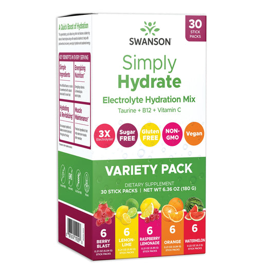 Swanson Simply Hydrate electrolyte mix packaging, sugar-free, easy on-the-go hydration