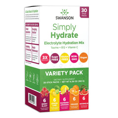 Swanson Simply Hydrate electrolyte mix packaging, sugar-free, easy on-the-go hydration