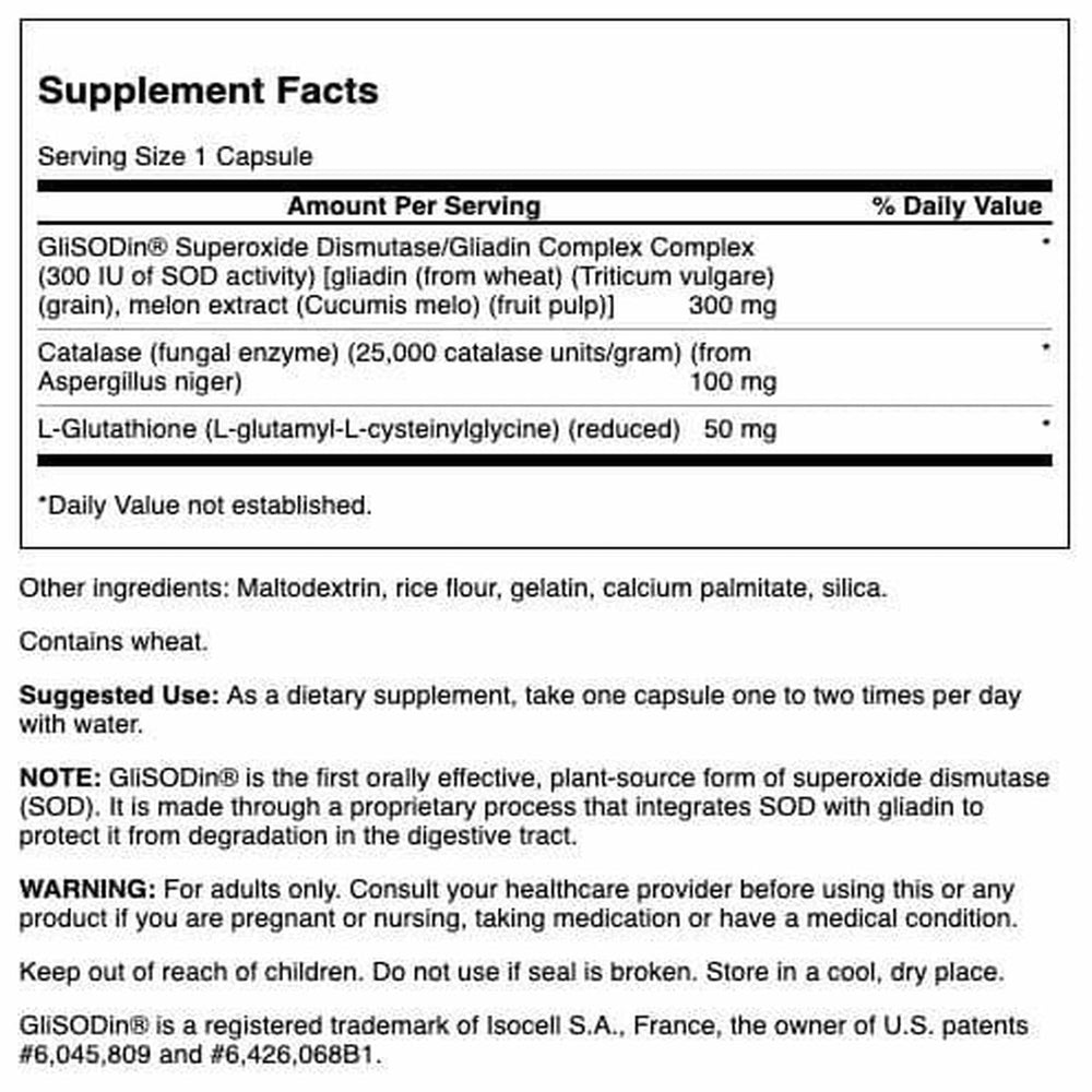 Swanson Sod Gliadin Complex label closeup highlighting the SOD formula.