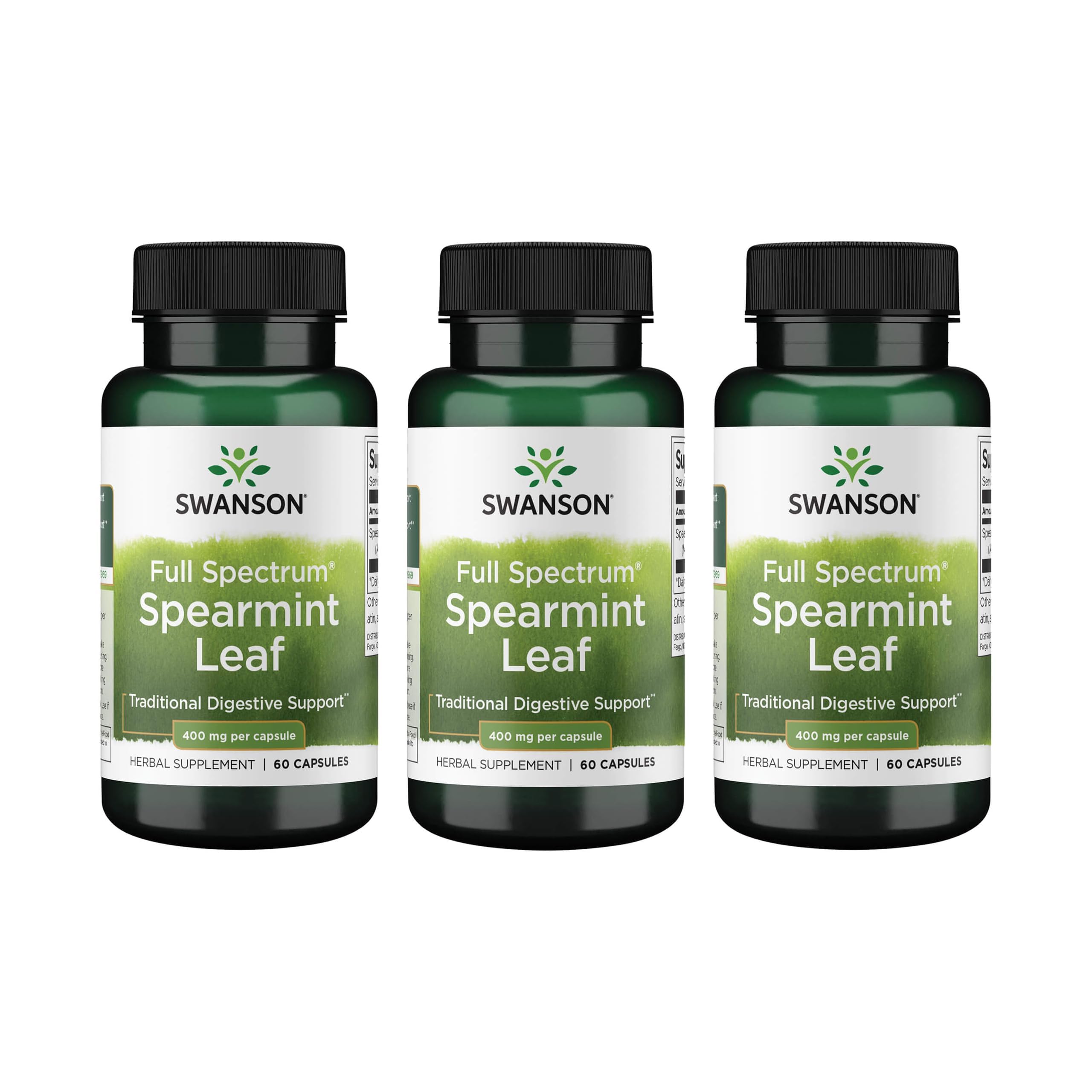 Swanson Spearmint Leaf bottle showing full-spectrum capsules for digestive comfort
