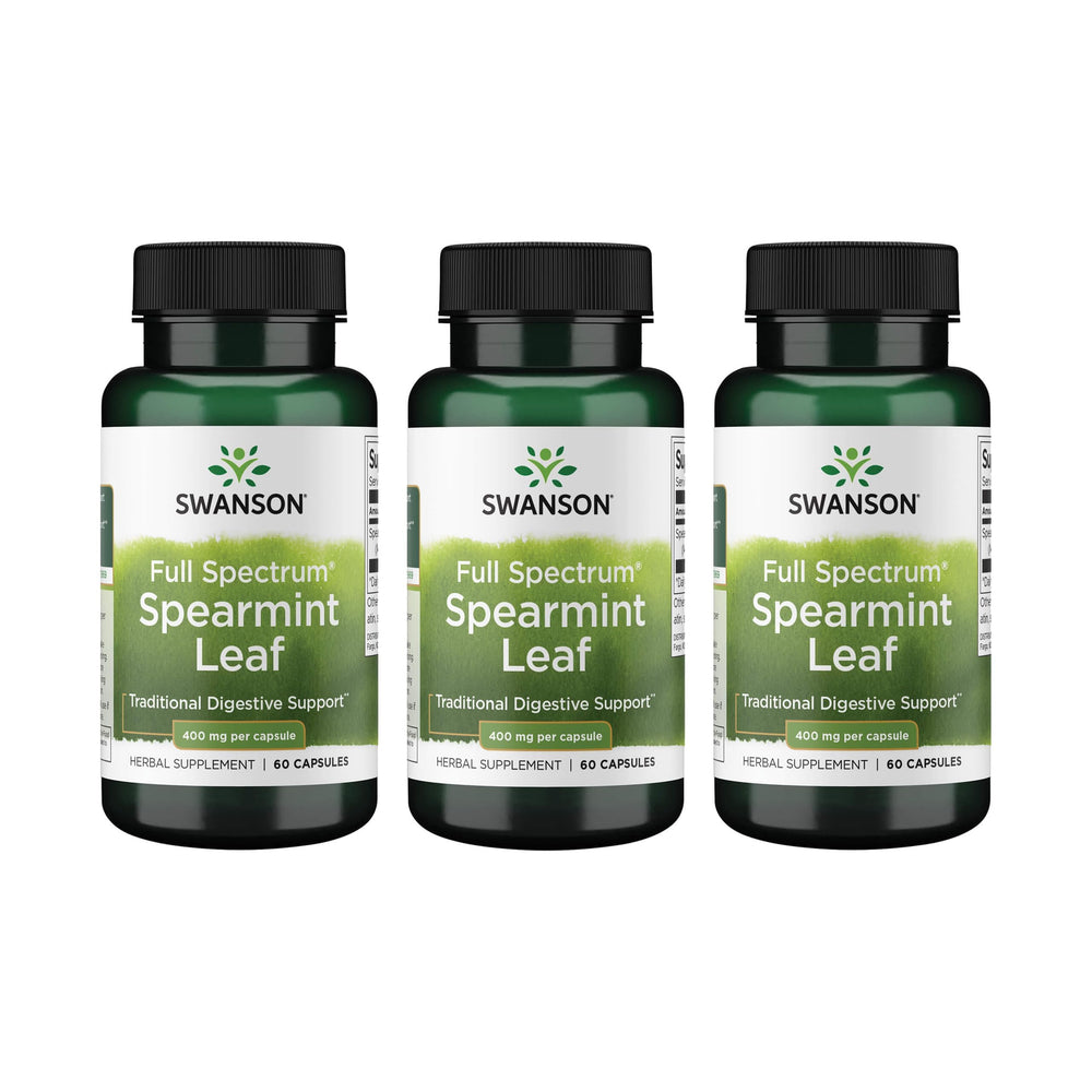 Swanson Spearmint Leaf bottle showing full-spectrum capsules for digestive comfort