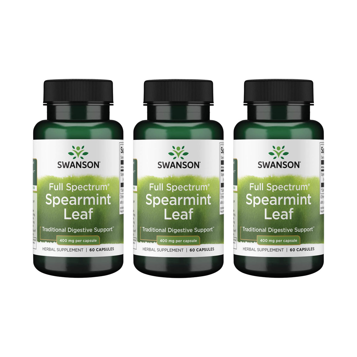Swanson Spearmint Leaf bottle showing full-spectrum capsules for digestive comfort