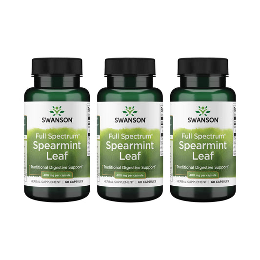 Swanson Spearmint Leaf bottle showing full-spectrum capsules for digestive comfort