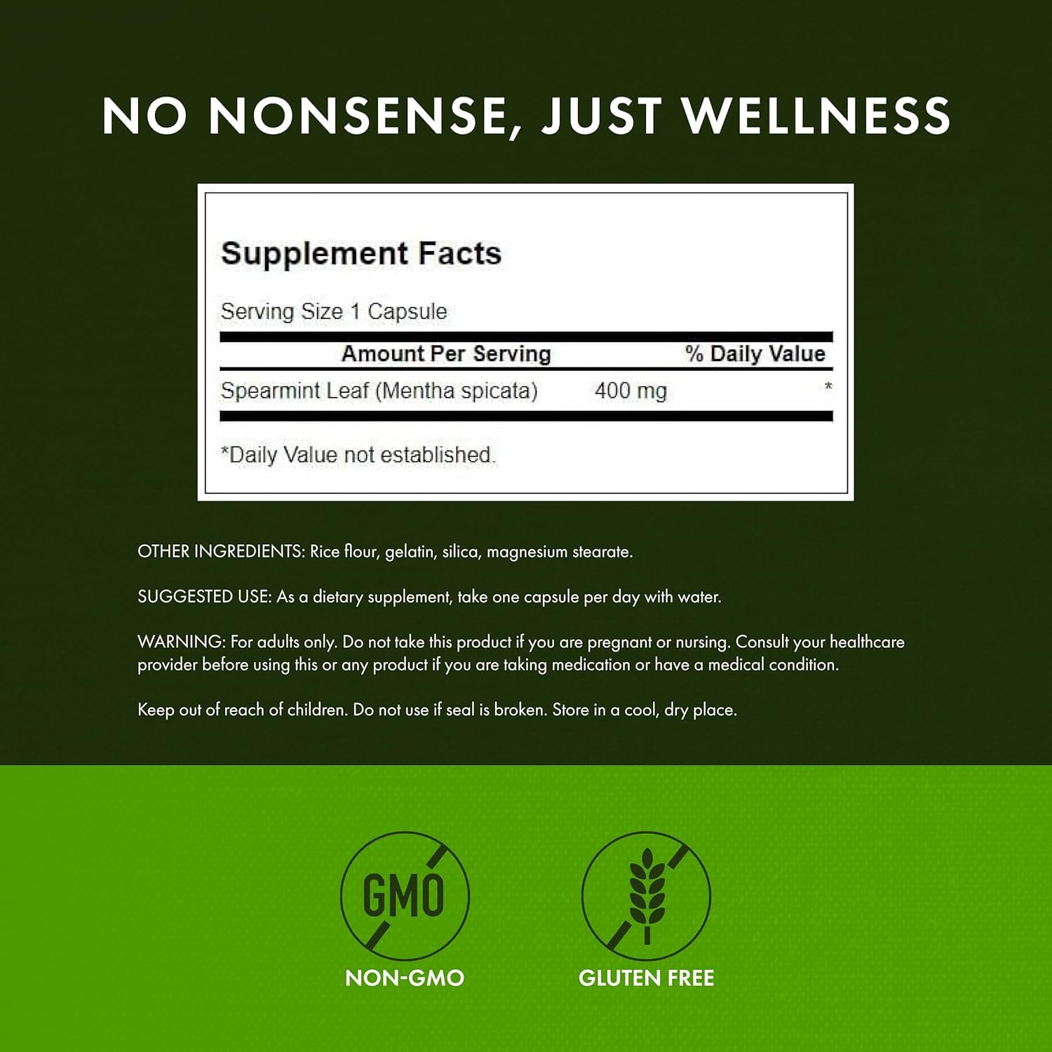 Swanson Spearmint Leaf capsules closeup highlighting 400 mg strength for digestive support