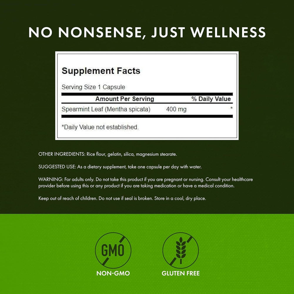 Swanson Spearmint Leaf capsules closeup highlighting 400 mg strength for digestive support