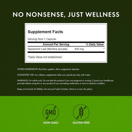Swanson Spearmint Leaf capsules closeup highlighting 400 mg strength for digestive support