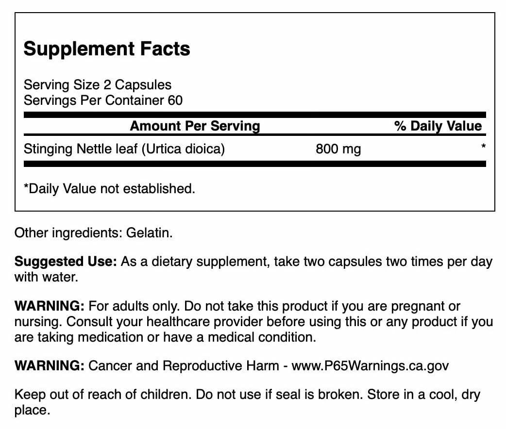 Swanson Stinging Nettle Leaf capsules closeup emphasizing potency and daily use.
