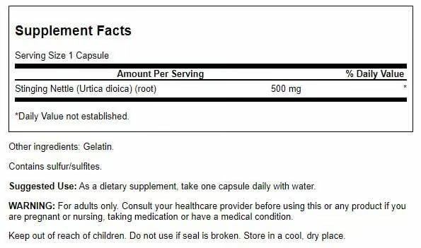 Close-up of Swanson nettle root capsules showing 500 mg per serving.