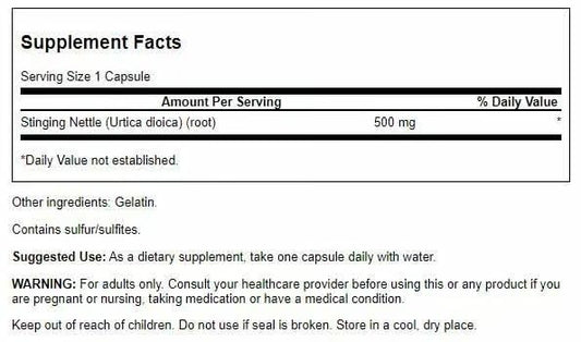 Close-up of Swanson nettle root capsules showing 500 mg per serving.