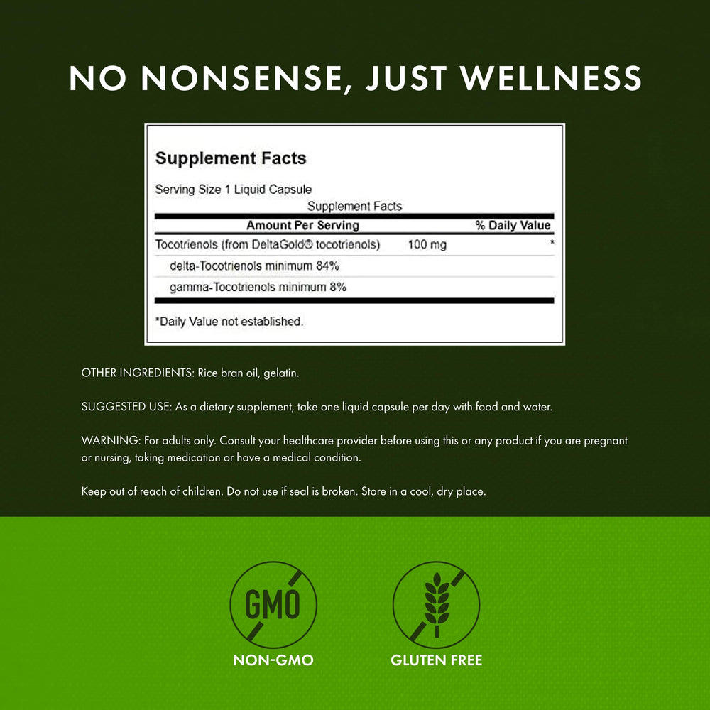 Swanson Tocotrienols label detail confirms non-GMO formulation and quality