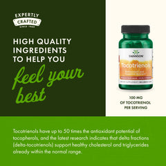 Swanson Tocotrienols vial close-up emphasizes convenient soft-shelled capsules